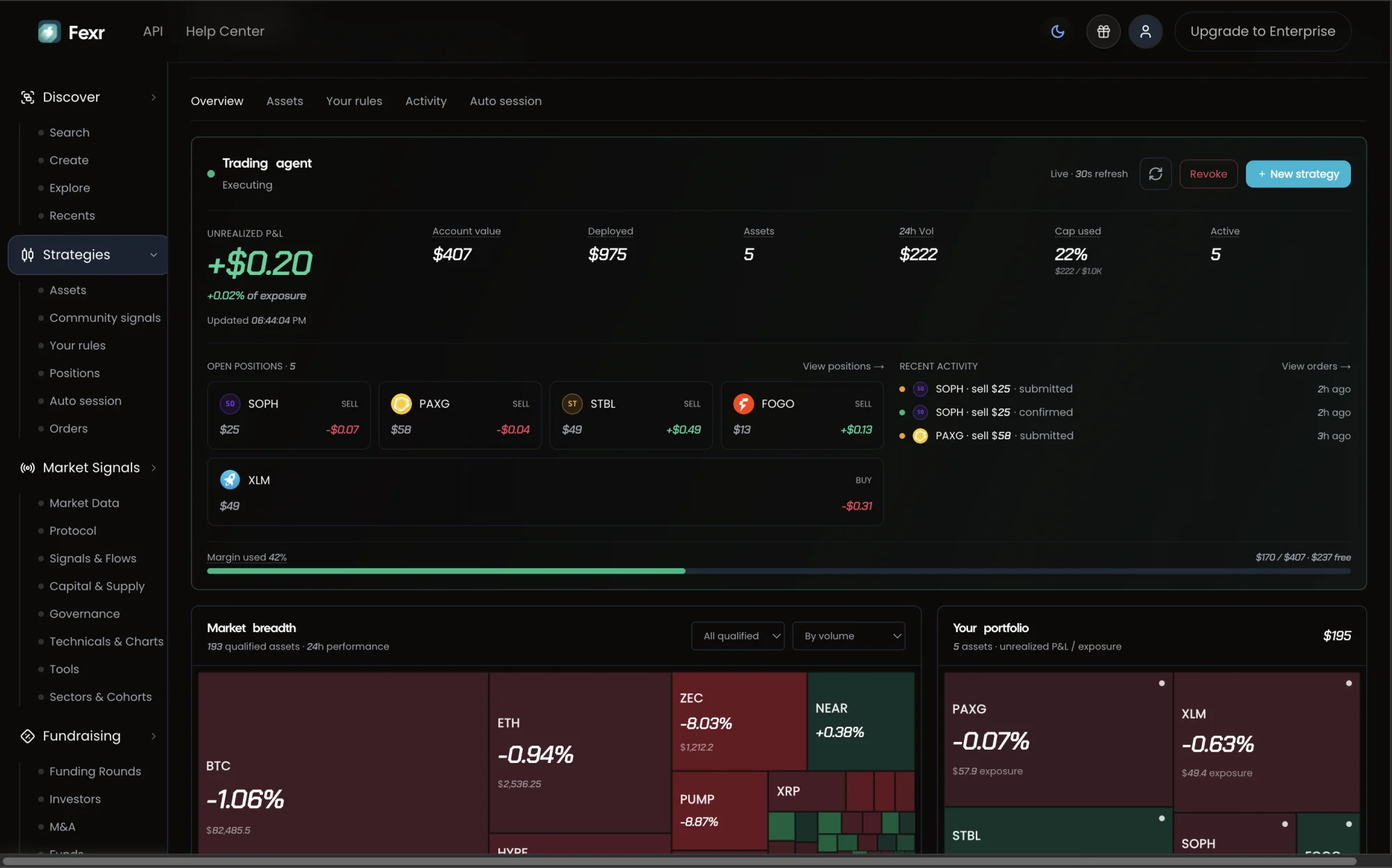 Fexr agent overview with cap usage, recent activity, revoke control and no withdrawal action