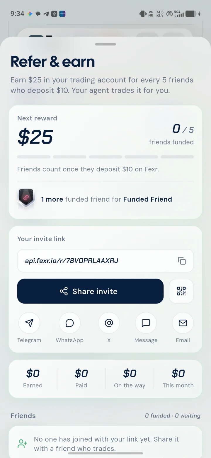 The Refer & earn screen in the Fexr app: progress toward the next $25 reward, your invite link with share buttons, and what you have earned so far.