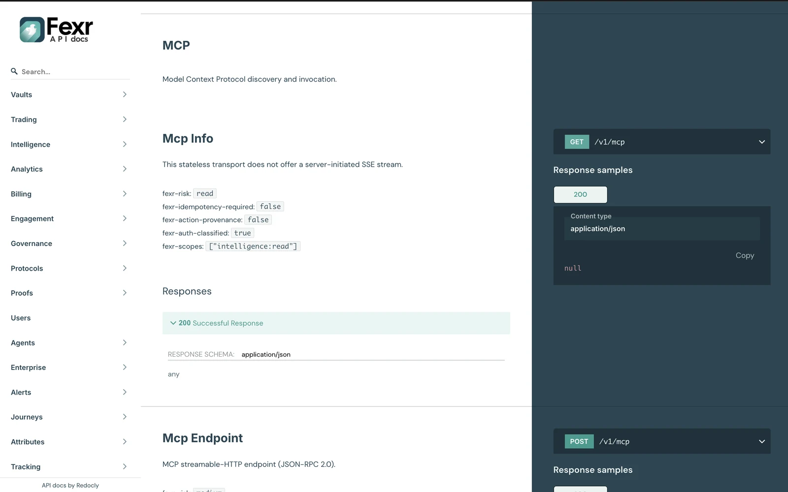 The Fexr API reference at api.fexr.io, open on the MCP section: GET and POST /v1/mcp with their risk, idempotency and scope attributes and a sample response.