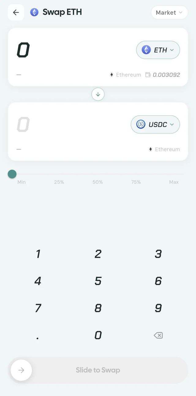 The swap screen in the Fexr Wallet app: ETH in, USDC out, with an amount slider and a slide-to-swap control.