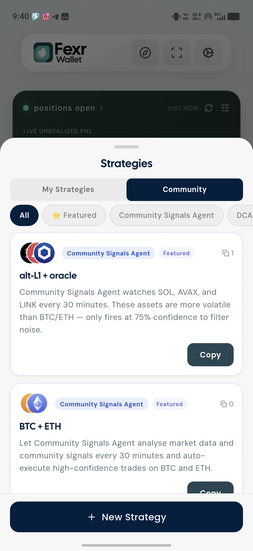 The Strategies sheet in the Fexr Wallet app: community strategies such as alt-L1 + oracle and BTC + ETH, each with a description and a Copy button.