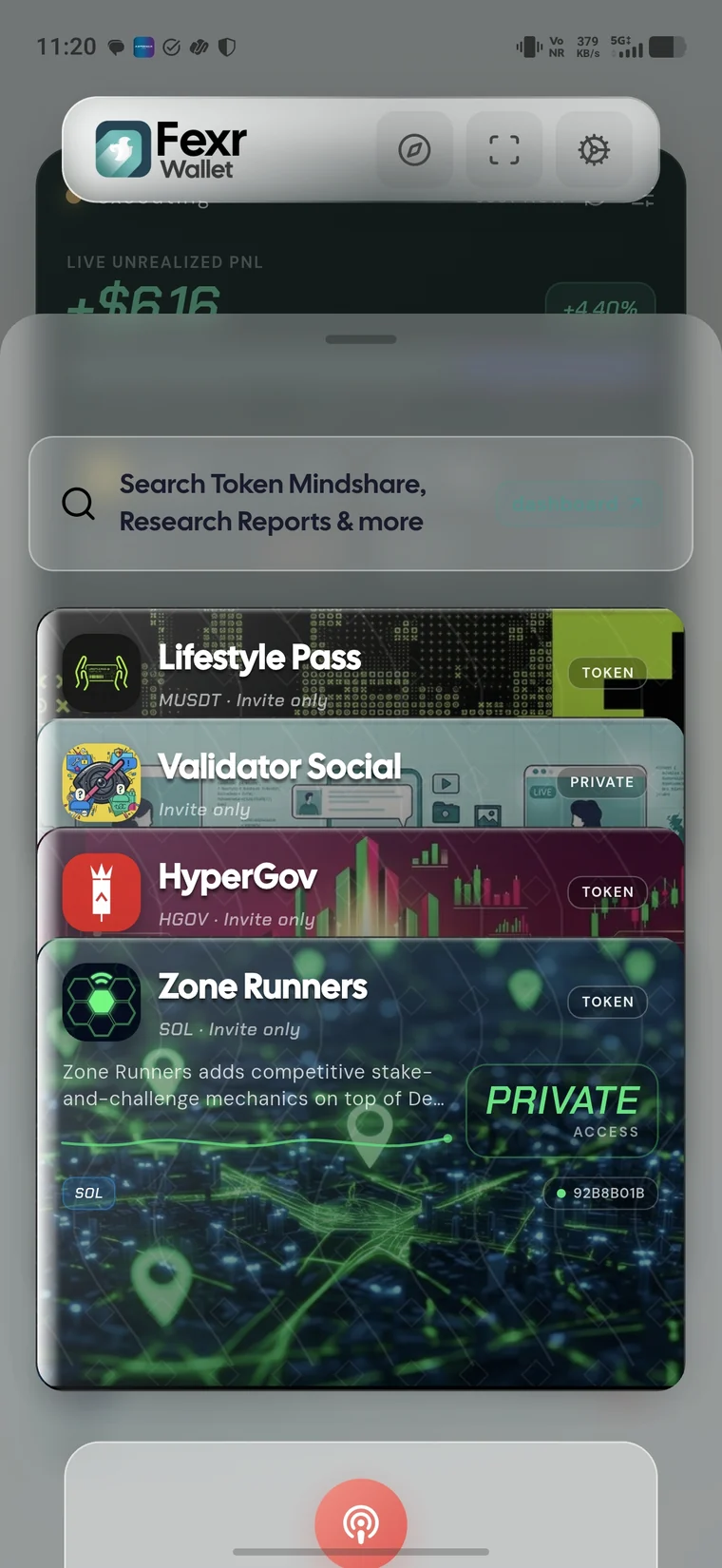 The vaults list in the Fexr Wallet app: invite-only group vaults such as Lifestyle Pass, Validator Social, HyperGov and Zone Runners, each tagged token or private.
